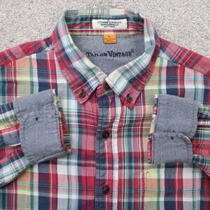 Tailor Vintage Shirt Men Large Red/Blue Flip Cuff 100% Cotton Long Sleeve Button